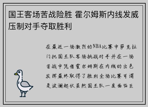 国王客场苦战险胜 霍尔姆斯内线发威压制对手夺取胜利