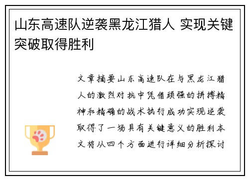 山东高速队逆袭黑龙江猎人 实现关键突破取得胜利