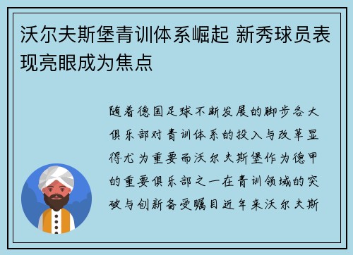 沃尔夫斯堡青训体系崛起 新秀球员表现亮眼成为焦点