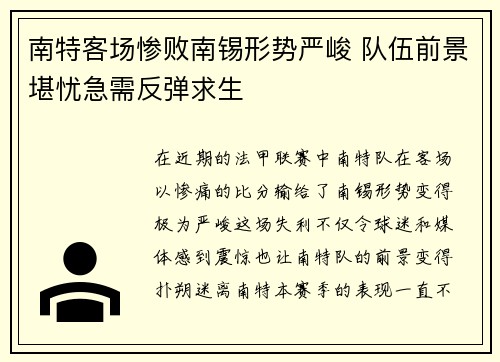 南特客场惨败南锡形势严峻 队伍前景堪忧急需反弹求生