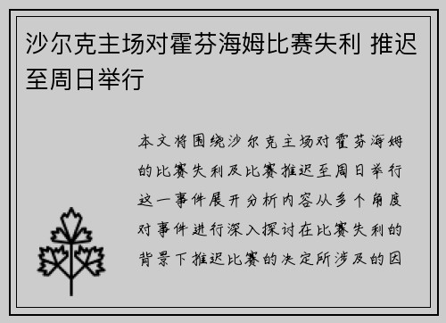 沙尔克主场对霍芬海姆比赛失利 推迟至周日举行