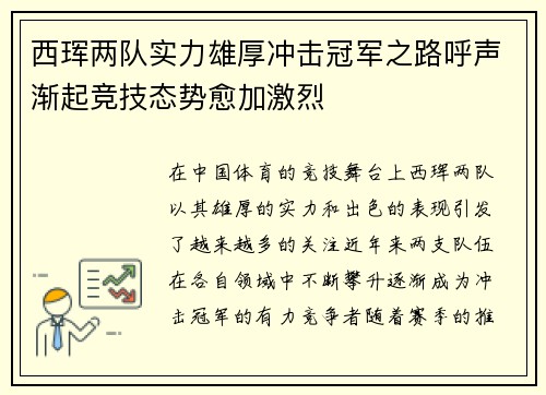 西珲两队实力雄厚冲击冠军之路呼声渐起竞技态势愈加激烈