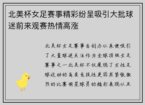 北美杯女足赛事精彩纷呈吸引大批球迷前来观赛热情高涨