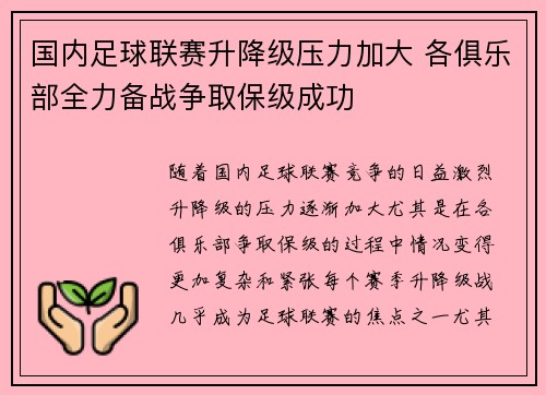 国内足球联赛升降级压力加大 各俱乐部全力备战争取保级成功