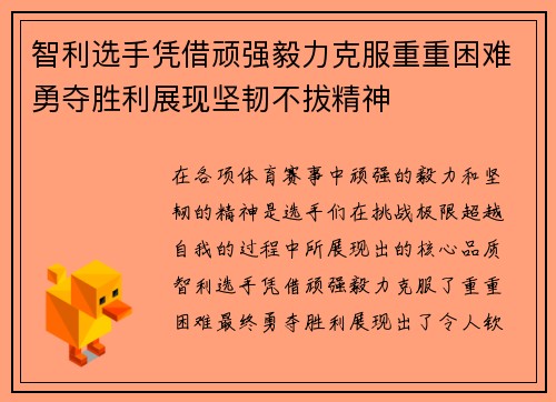 智利选手凭借顽强毅力克服重重困难勇夺胜利展现坚韧不拔精神