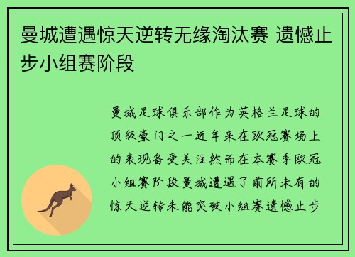 曼城遭遇惊天逆转无缘淘汰赛 遗憾止步小组赛阶段
