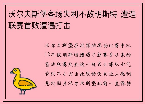 沃尔夫斯堡客场失利不敌明斯特 遭遇联赛首败遭遇打击