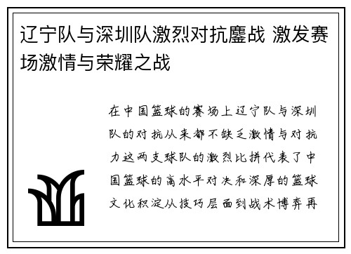 辽宁队与深圳队激烈对抗鏖战 激发赛场激情与荣耀之战