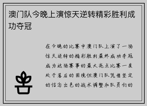 澳门队今晚上演惊天逆转精彩胜利成功夺冠