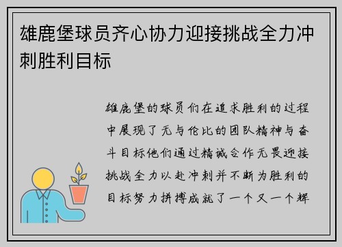 雄鹿堡球员齐心协力迎接挑战全力冲刺胜利目标