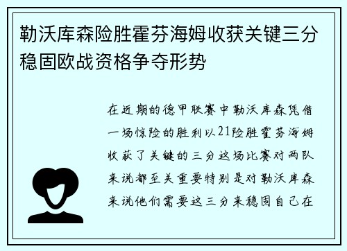 勒沃库森险胜霍芬海姆收获关键三分稳固欧战资格争夺形势